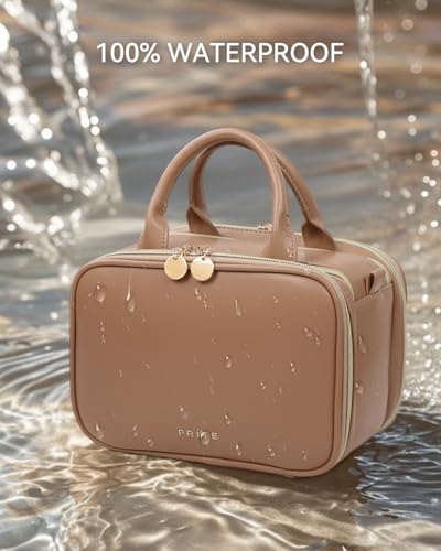 Prite Large Makeup Bag, Waterproof Travel Cosmetic Case with Brush Holder - color: Brown, size: Large