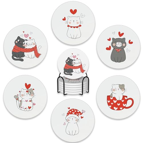6 Pcs Coasters for Drinks with Holder,Sweet Cat in Love Cute Absorbent Coaster with Cork Backing,Great Gift for Housewarming,Room Decor,Bar,Holiday Party - color: Sweet Cat in Love Cute