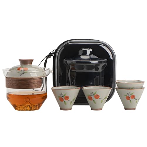 TBACW Travel Tea Set with 4 Cups, Persimmon Design, All The Best - color: All The Best 1 Pot 4 Cups