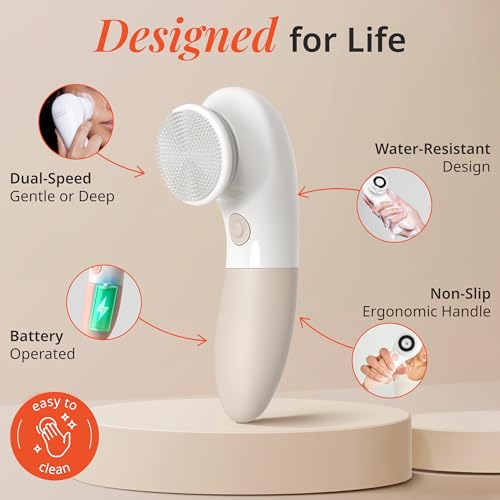 Vanity Planet Raedia Facial Cleansing Brush - Electric Facial Cleansing Brush with 4 Exfoliating Brush Heads - Waterproof, Handheld, Lightweight for Face Scrubber and Exfoliating Face - Warm Grey - color: Warm Gray