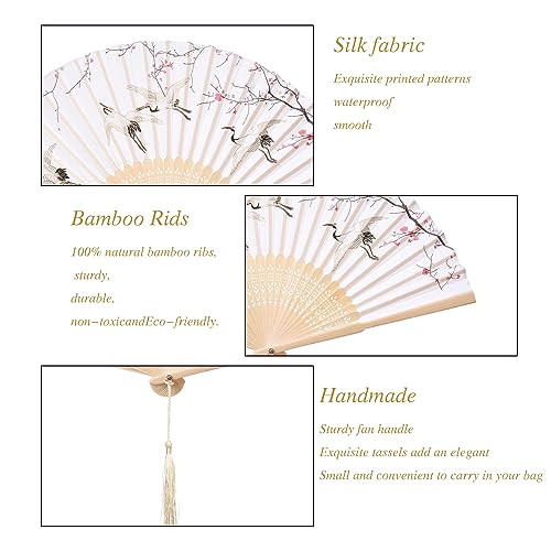 QIRMIZI 10 Pieces Handheld Fans, Silk Folding Fans, Floral Folding Fans for Birthday,Dancing, Cosplay, Weddings, Parties, and Events,Qianhe Silver Needle - color: 03 Red-crowned Crane