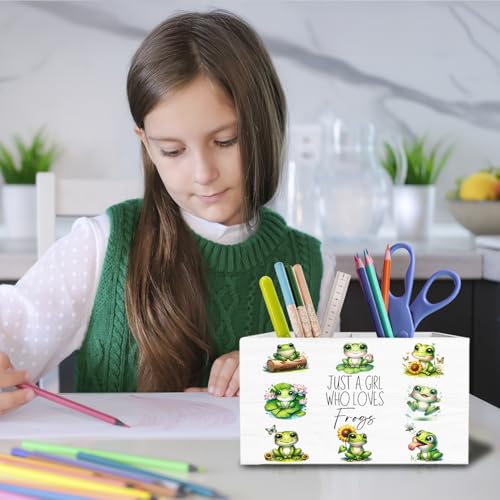 Cute Floral Frog Pen Holder for Desk, Gifts for Frog Lovers Pencil Organizer, Just a Girl Who Loves Frogs Wooden Box Sign Desk Decor for Home Office Decoration - color: FROGS