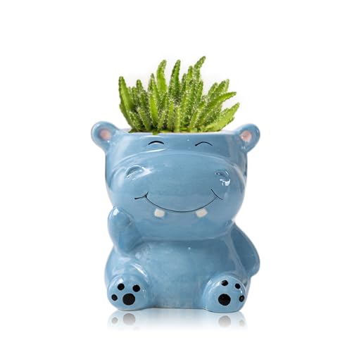 DIYOMR Cute Animals Planter, Mini Ceramic Cartoon Animal Shaped Succulent Flower Pot Indoor Air Plants Holder, Smooth Shiny Decorative Flower Cactus Planter - Plants Not Included (Hippo) - color: Hippo