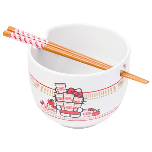 Silver Buffalo Hello Kitty Nissin Ceramic Ramen Bowl with Chopsticks, 20 Ounces
