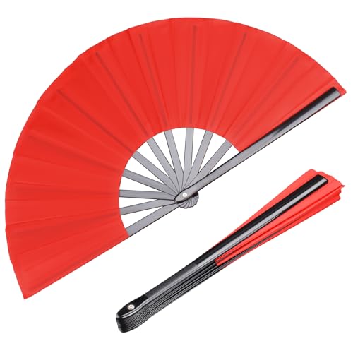 2 Pack Large Folding Hand Fan, red Chinese Kung Fu Tai Chi Fan Nylon-Cloth Fan for Men and Women Performance, Dance, Decorations, Festival, Gift (Folding Fan red 2p) - color: Red