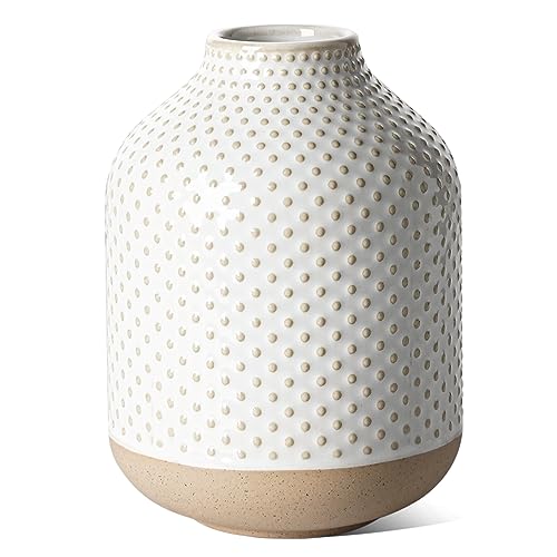 Boho Flower Vase - 5.3 Inch Ceramic White Vase for Pampas Grass, Eucalyptus & Bouquets, Small Home Decor Vases with Dot Embossment, Rustic Farmhouse Centerpiece - color: Bot