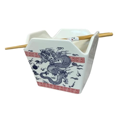 Urban Tokyo Chinese Takeout Box Style Porcelain Bowl With Chopsticks 18 fl oz Square Shape Rice Noodles Pasta To Go Shaped Microwave Dishwasher Safe (Oriental Dragon) - color: Oriental Dragon