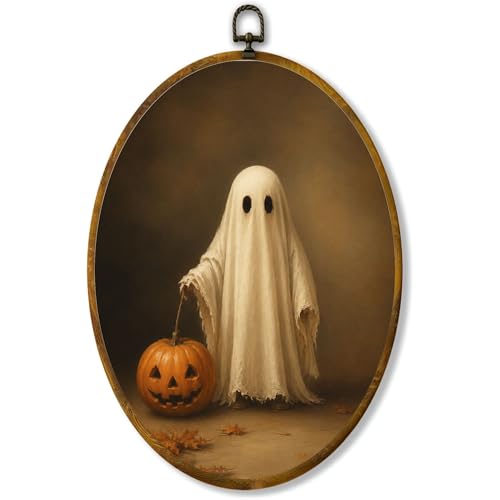 Ghost Pumpkin Oval Wall Art, Framed Canvas Decor, 8.5x11.5 Inch - color: Ghost Hold Pumpkin
