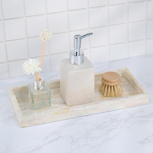 PEMAR Set of 2 Mother of Pearl Bathroom Tray for Counter, 11" Wooden Vanity Tray for Perfume Makeup Kitchen Sink Countertop Organizer, Toilet Tank Tray, Valet Tray (White Tiles) - color: White Tile