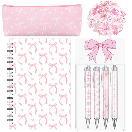 Sayglossy Pink Bow Set Pen Spiral Notebook Journal Pencil Case Sticker - color: Pink