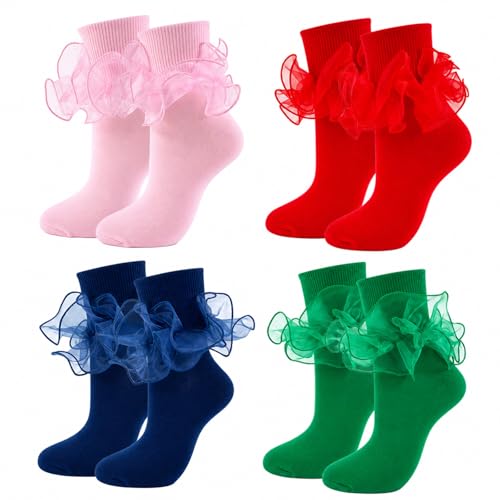 Big Ruffle Socks Women(Size 5-11) Turn Cuff Cotton Lace Frilly Socks - color: Pink,green,blue,red, size: 5-9