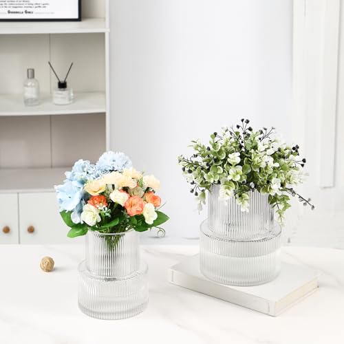 Ribbed Glass Vases for Bouquet, Set of 2 Fluted Vases for Flowers, Clear Vase for Tulips, Modern Glass Vase for Living Room, Office, Coffe Table, Dining Table, Shelf, Wedding - color: Clear, size: Large+Medium
