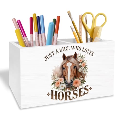 Rustic Floral Horse Pen Holder for Desk, Gifts for Horse Lovers Pencil Organizer, Just a Girl Who Loves Horses Wooden Box Sign Desk Decor for Home Office Decoration - color: HORSE