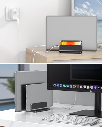 OMOTON Dual Vertical Desk Laptop Stand Holder, Fits MacBook Air/Pro, Black - color: Black