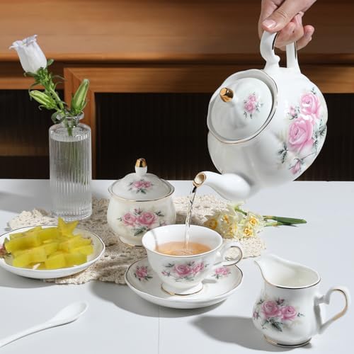 Sweejar Porcelain Tea Set Vintage Floral, British Relief Gold Rim Teapot Cup and Saucer Sets, 22-Piece Tea Sets for Adults, with Teapot, Sugar Bowl, Milk Jug, Spoons, Cup and Saucer (Pink Flower) - color: Pink Flower
