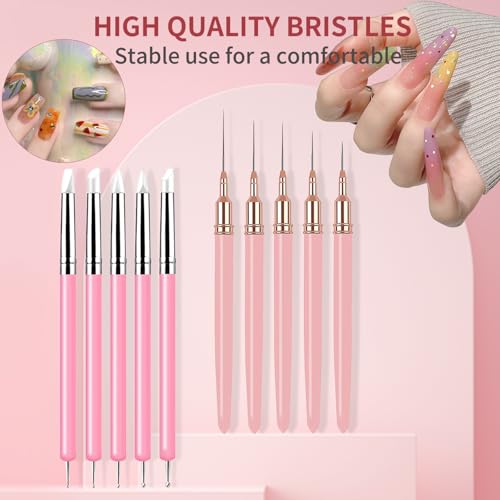 10Pcs Nail Art Tool Set, 5Pcs Ultra-Fine Nail Art Liner Brushes & 5Pcs Dual-Ended Silicone Dotting Pens, Precision Nail Art Painting Pens for Intricate Lines, Dots, Patterns & Salon DIY Manicure - color: Liner Brush & Silicone Pens