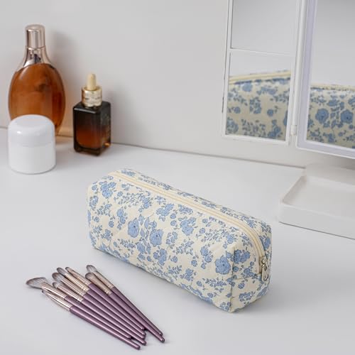 Cute Floral Cotton Makeup Brush Cosmetic Bag for Women, Travel Quilted Zipper Make Up Bag, Flowers Toiletry Organizer Case Kawaii Makeup Cosmetic Travel Cloth Pouch (Blue+Navy Blue) - color: Two Pack: (Blue Floral+Navy Blue Flower)