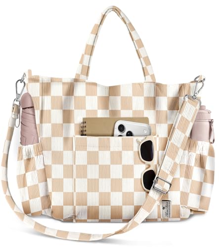 Miss Adola Corduroy Crossbody Tote Bag for Women - color: Khaki-checkered