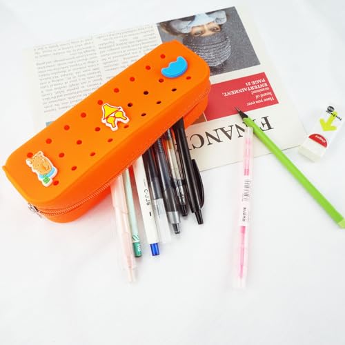 1 Pack Cute Silicone Pencil Case Pencil Pouch with DIY Holes and 3 Decoratives(Random) Travel Makeup Brush Bag suitable for travel home7.81inch (Orange) - color: Orange