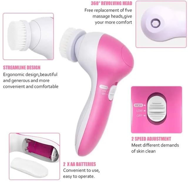 Exfoliating Electric Facial Cleanser Silicone Scrub Pore Cleaner Spin Sonic Facial Cleansing Brush (5 in 1 Facial Cleansing Brush)
