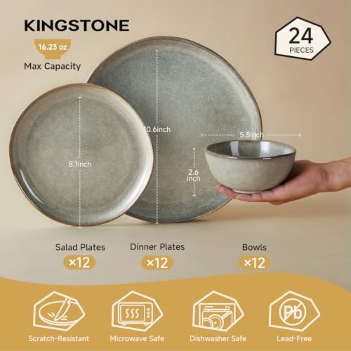 Stoneware Dinnerware Sets for 8, Reactive Glaze Plates and Bowls, Grey - color: Gray, size: Service for 8-24Pcs
