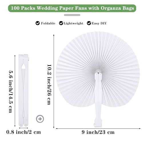 MCEAST 100 Pack Wedding Paper Fans Handheld Folding Fan White Round Shaped Folding Paper Fans Handheld Fan with Plastic Handle and Bags for Wedding Birthday Party Favors Supplies Home Decor