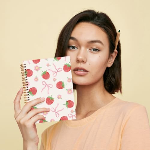 JXREQ Cute Pink Bow Strawberry Notebook, Preppy Journaling Notebooks for Note Taking Writing, Strawberries Floral Journal for Women, Girly Office Supplies, Cute Fruit Spiral Notebooks 5.5x8.3 - color: Fruit 4