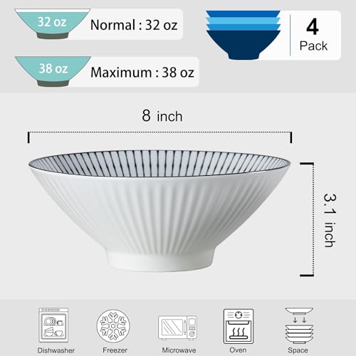 38 oz Japanese Ramen Bowls Set of 4, Large Pho Bowls, 8 Inch Ceramic Blue and White Soup Bowls, Mixing Pattern - color: Mixing Pattern