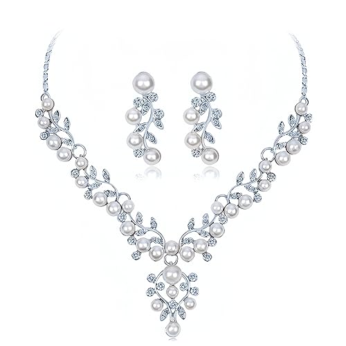 Pearl Bride Wedding Jewelry Set Faux Pearls Crystal Rhinestone Necklace Earrings Bracelet Sets for Women Bridesmaid(3 PCS) - color: Silver - Pearl B