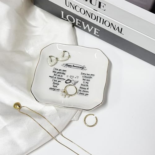 Anniversary Wedding Gift for Women, Jewelry Dish, Happy Anniversary Ceramic Ring Dish, Engagement Wedding Aniversario Gift for Her Wife Girlfriend, Trinket Tray for Earrings Necklaces - style: Happy Anniversary