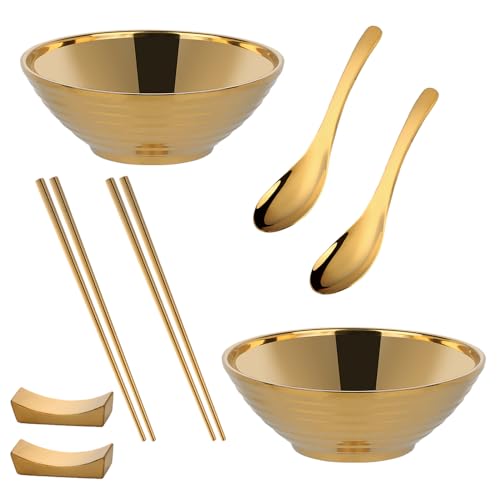 Stainless Steel Gold Ramen Bowl Set, 7.8 Inch Double-Wall Noodle Bowls with Chopsticks Spoons & Chopstick Rests, Modern Soup Dining Bowl for Ramen Pho Salad, Pack of 2, Dishwasher Safe - color: Gold
