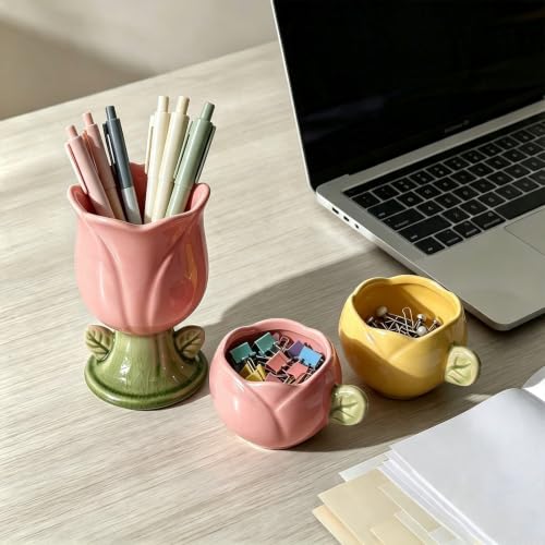 2 Pack Tulip Ceramic Paper Clip Holder, Flower Office Desk Decor - color: Tulip Pink+Yellow