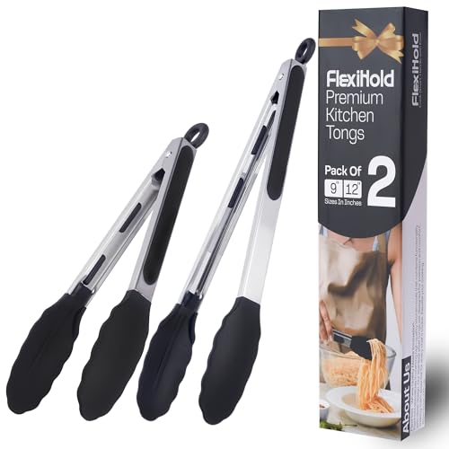 Kitchen Tongs Set, 2 Pack Stainless Steel with Silicone Tips - size: Pack of 2 Black (9" & 12")