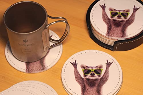 Novelty Raccoon Coasters for Drinks with Holder Leather Coasters Set of 6 Table Decor Protect Furniture from Water Marks Scratch and Damage - color: Black2