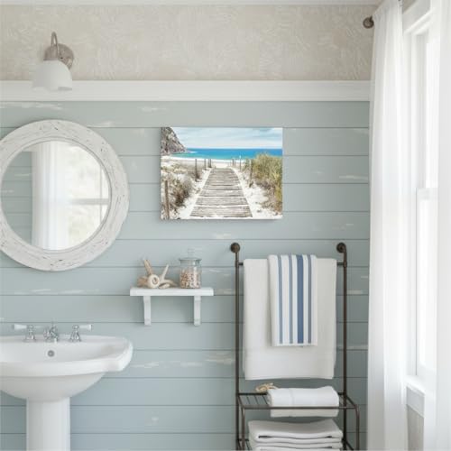 Bathroom Wall Art Beach Picture: Modern Ocean View Sea Canvas Artwork Decor Contemporary Coastal Scene Wave Seascape Painting Horizontal Scenic Nature Landscape Seaside Boardwalk Prints for Living - color: Boardwalk, size: 16"L x 11"W