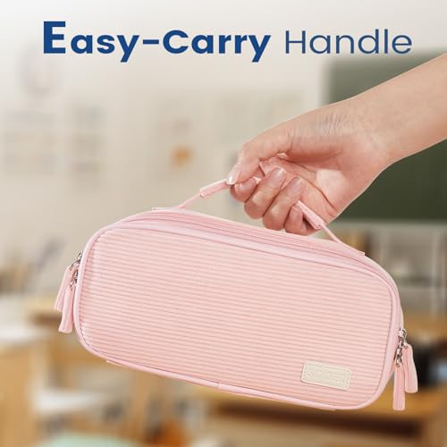 Sooez Large Pencil Case Pouch, Soft Corduroy Pencil Bag with Handle - color: Purple