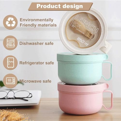 Rarapop 2 Pack Microwave Soup Bowl Containers with Lids, 28.7oz Wheat Straw Ramen Noodles Cup Mug for Instant Noodles,Oatmeal, Gumbo, Salad,Crunch,Cereal & More, Easy-Grip Design(Beige,Green) - color: Green/Beige