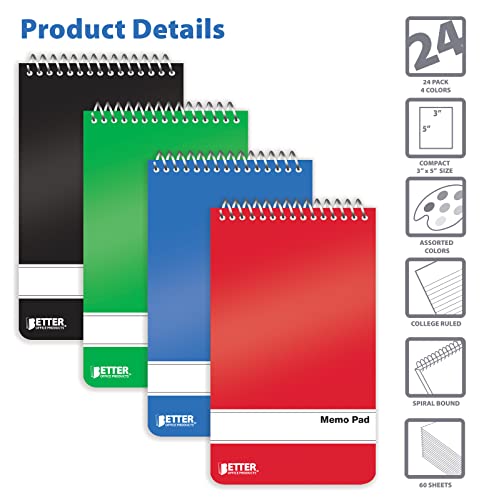 Better Office Products Memo Pads, 24 Pack 3x5 inches, 60 Sheets, College Rule, Assorted Solid Colors, Memo Pad & 3x5 Notebook for Notes, Writing, Office & School Use