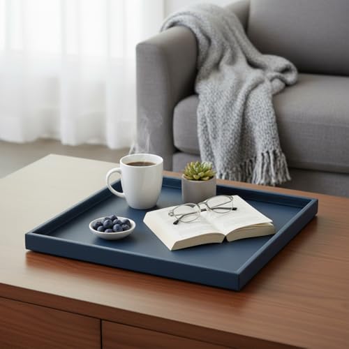 20 * 20 Inch Rectangular Ottoman Tray | Textured PU Leather, Waterproof & Heat-Resistant Storage for Coffee/Dining Tables, Sofa, Bed, Entertainment & Party (Navy Blue, 20 * 20in) - color: Navy Blue, size: 20" x 20" x 1.5"