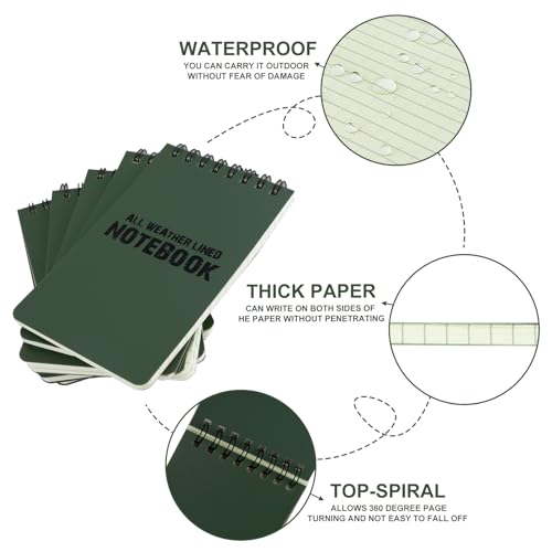 RETON 10 Pack Waterproof Notebook, 3 x 5 Inches Waterproof Pocket Notepad, All-Weather Top Spiral Memo Steno Pads with Grid, Write in the Rain Notebook for Outdoor Activity Recording (Army Green)