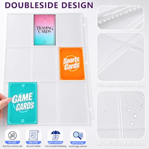9 Pocket Page Protectors,Double-Sided Trading Card Sleeves for 3 Ring Binder,Acid-Free Baseball Cards Holder, Protective Pages Sheets for Collectible Games, Sports Cards（50Pack, Clear, Side-Loading) - color: Clear, size: Side-Loading