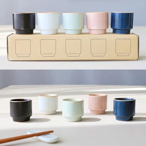 LENITH Korean Shot Glasses Set for Sake, Soju, 1.7 oz, 5 Piece Handcrafted Ceramic Pottery Porcelain Glass for Sake, Whiskey,Tequila and Liquor (Ideal for Coffee Espresso, Tea, Parties, Housewarming) - color: Pastel Colors