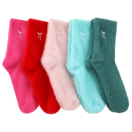 Geyoga 5 Pairs Fuzzy Bow Socks for Women Fluffy Slipper Gift - color: Bright Color
