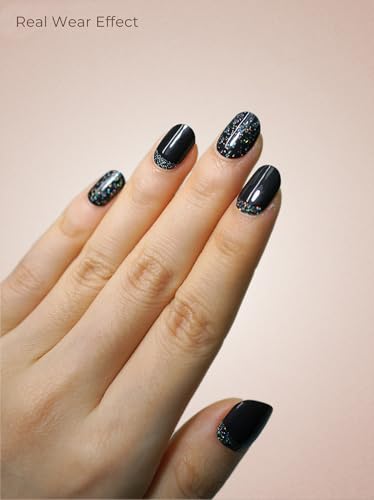 Real Gel Nail Strips (No UV Light Needed) - 44Pcs Salon Quality Nail Stickers - Long Lasting Polish Wraps for Women, Easy Apply & Remove (Midnight Shimmer) - color: Midnight Shimmer Black