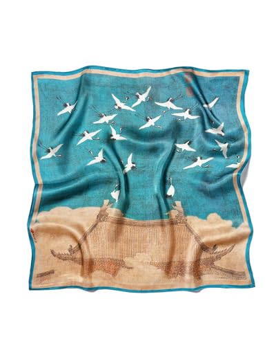 100% Mulberry Silk Scarf for Women Lightweight 21" Small Square Neck Scarf Headscarf Neckerchief Gift Packed - color: Blue Auspicious Cranes