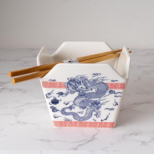 Urban Tokyo Chinese Takeout Box Style Porcelain Bowl With Chopsticks 18 fl oz Square Shape Rice Noodles Pasta To Go Shaped Microwave Dishwasher Safe (Oriental Dragon) - color: Oriental Dragon