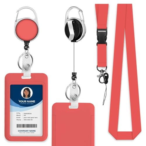 ID Badge Holder with Lanyard Easy to Use Red Badge Holder for Workers Events Schools - color: Red