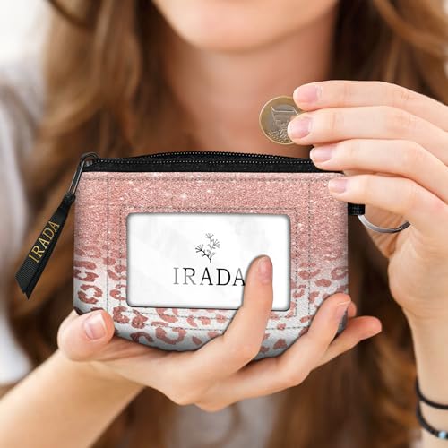 IRADA ID Case Wallet Keychain with Clear ID Window Zipper Cute Coin Purse for Women Water Resistant Small Coin Pouch-Rose Glitter Leopard Keychain Wallet - color: Rose Glitter Leopard-Keychain Wallet