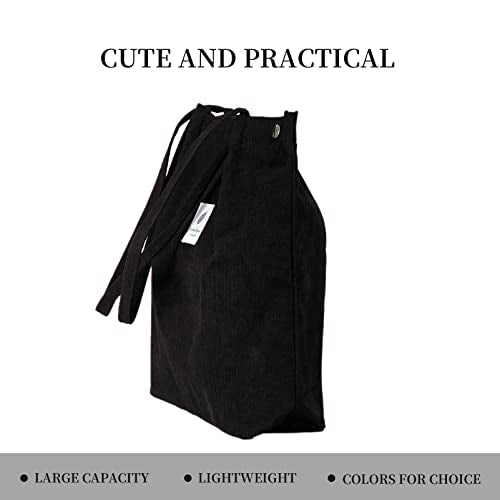 Corduroy Tote Bag Cute Tote Bags for Women Shoulder Bag with Inner Pocket for Work Beach Travel and Shopping Grocery - style: Black