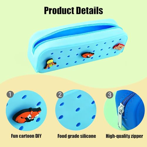 1 Pack Cute Silicone Pencil Case Pencil Pouch with DIY Holes and 3 Decoratives(Random) Travel Makeup Brush Bag suitable for travel home7.81inch (Pale Blue) - color: Pale Blue